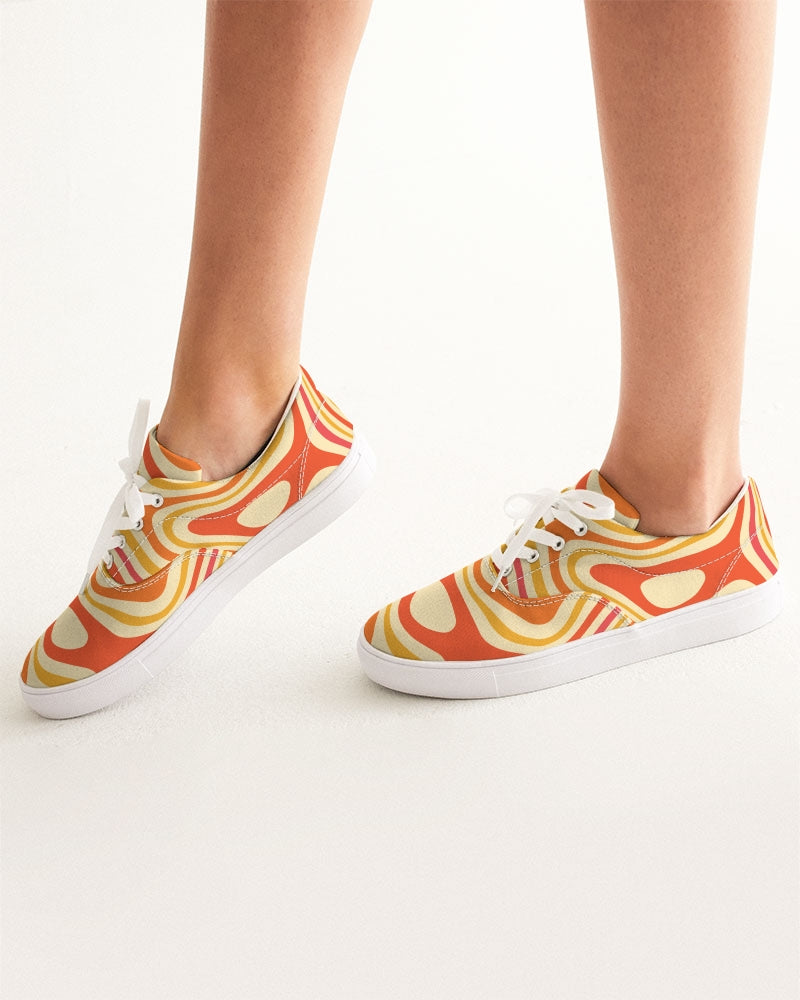 Orange Women Shoes, Retro Vintage Groovy 70s Sneakers Canvas White Low Top Lace Up Custom Female Girls Ladies Aesthetic Flat Shoes