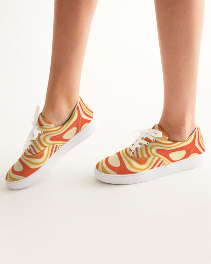 Orange Women Shoes, Retro Vintage Groovy 70s Sneakers Canvas White Low Top Lace Up Custom Female Girls Ladies Aesthetic Flat Shoes