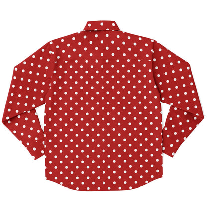 Red White Polka Dots Long Sleeve Men Button Up Shirt, Guys Male Print Buttoned Down Collared Graphic Casual Dress Plus Size Shirt