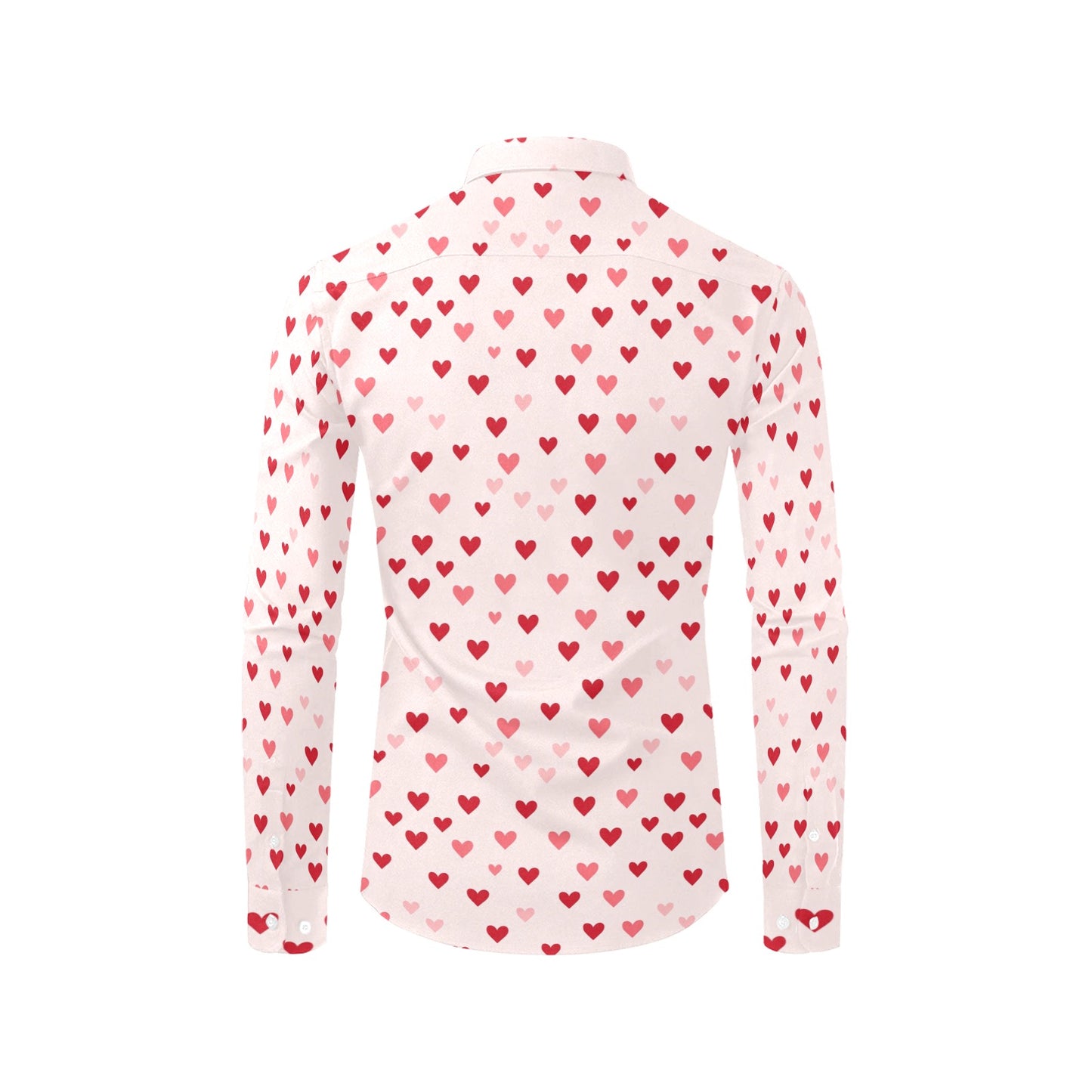 Pink Hearts Long Sleeve Men Button Up Shirt, Valentine's Day Fun Print Dress Male Buttoned Collar Casual Dress Shirt with Chest Pocket