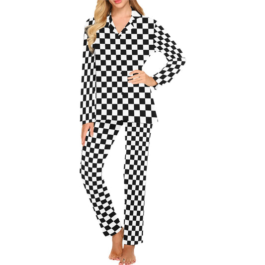 Checkered Ladies Pajamas Set, Black White Check Checkerboard Matching Family PJ Women Long Sleeve Sleep Shirt Wear Pants Trousers Top Couple