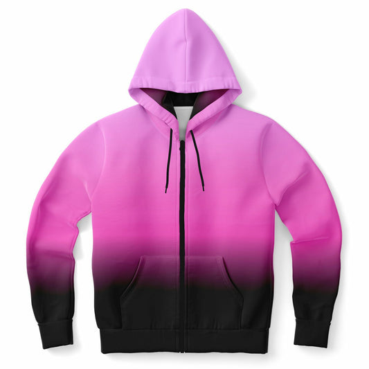 Black and Pink Ombre Zip Up Hoodie, Tie Dye Gradient Full Zipper Pocket Men Women Unisex Adult Aesthetic Cotton Fleece Hooded Sweatshirt