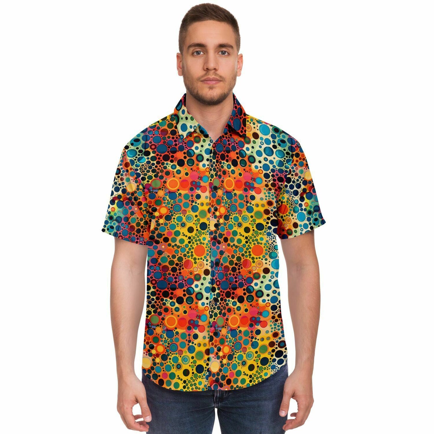 Psychedelic Men Button Up Shirt, Funky Groovy Retro Vibrant Dot Art Vintage Short Sleeve Festival Print Buttoned Down Guys Collared Designer