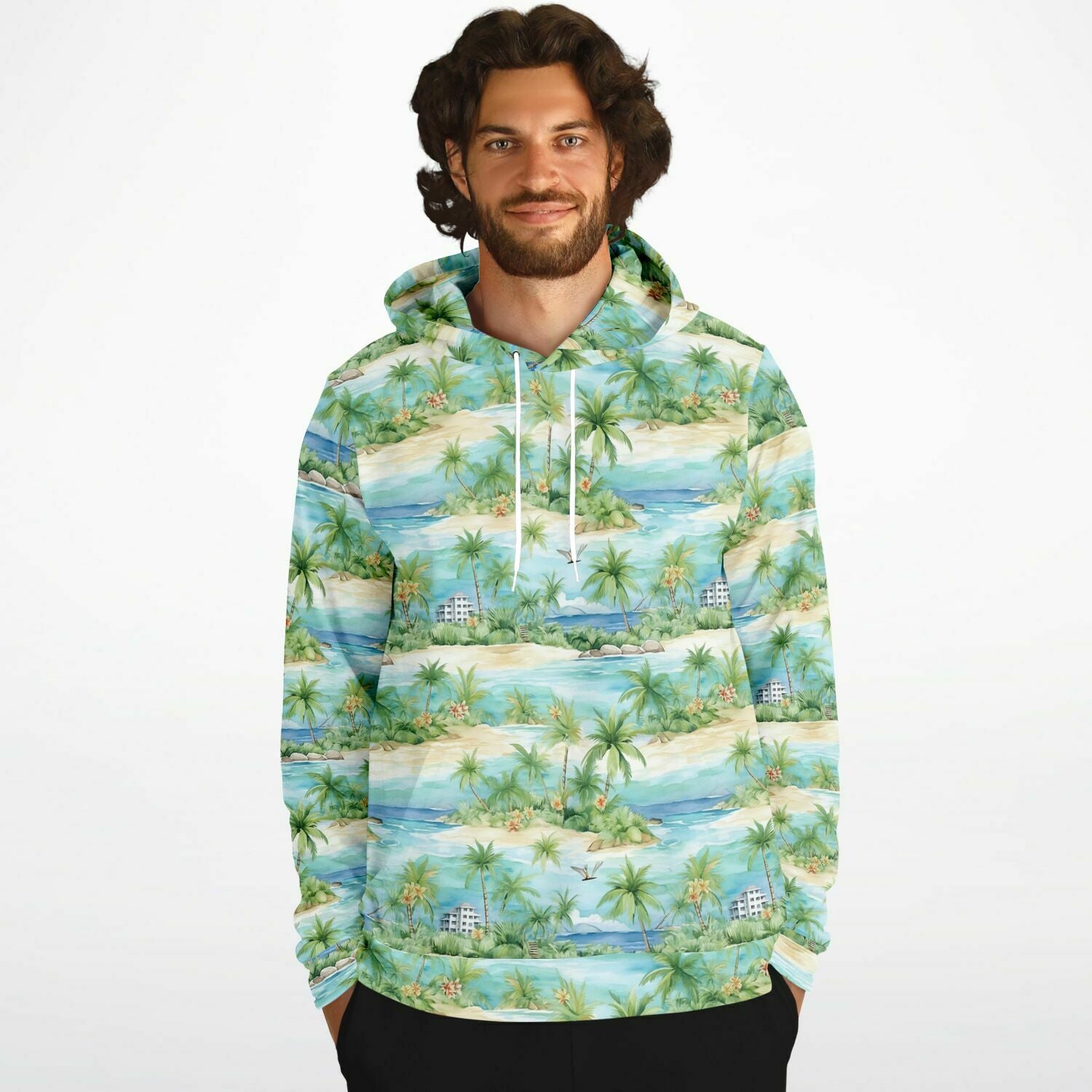 Beach Lightweight Hoodie, Tropical Palm Trees Green Summer Pullover Men Women adult Aesthetic Graphic Hooded Sweatshirt Pockets L