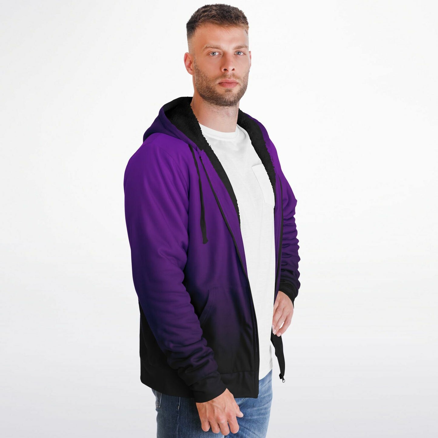 Black Purple Ombre Zip Up Fleece Lined Hoodie, Gradient Tie Dye Heavyweight Sherpa Full Zipper Pocket Men Women Hooded Sweatshirt Jacket