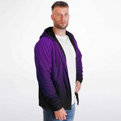 Black Purple Ombre Zip Up Fleece Lined Hoodie, Gradient Tie Dye Heavyweight Sherpa Full Zipper Pocket Men Women Hooded Sweatshirt Jacket