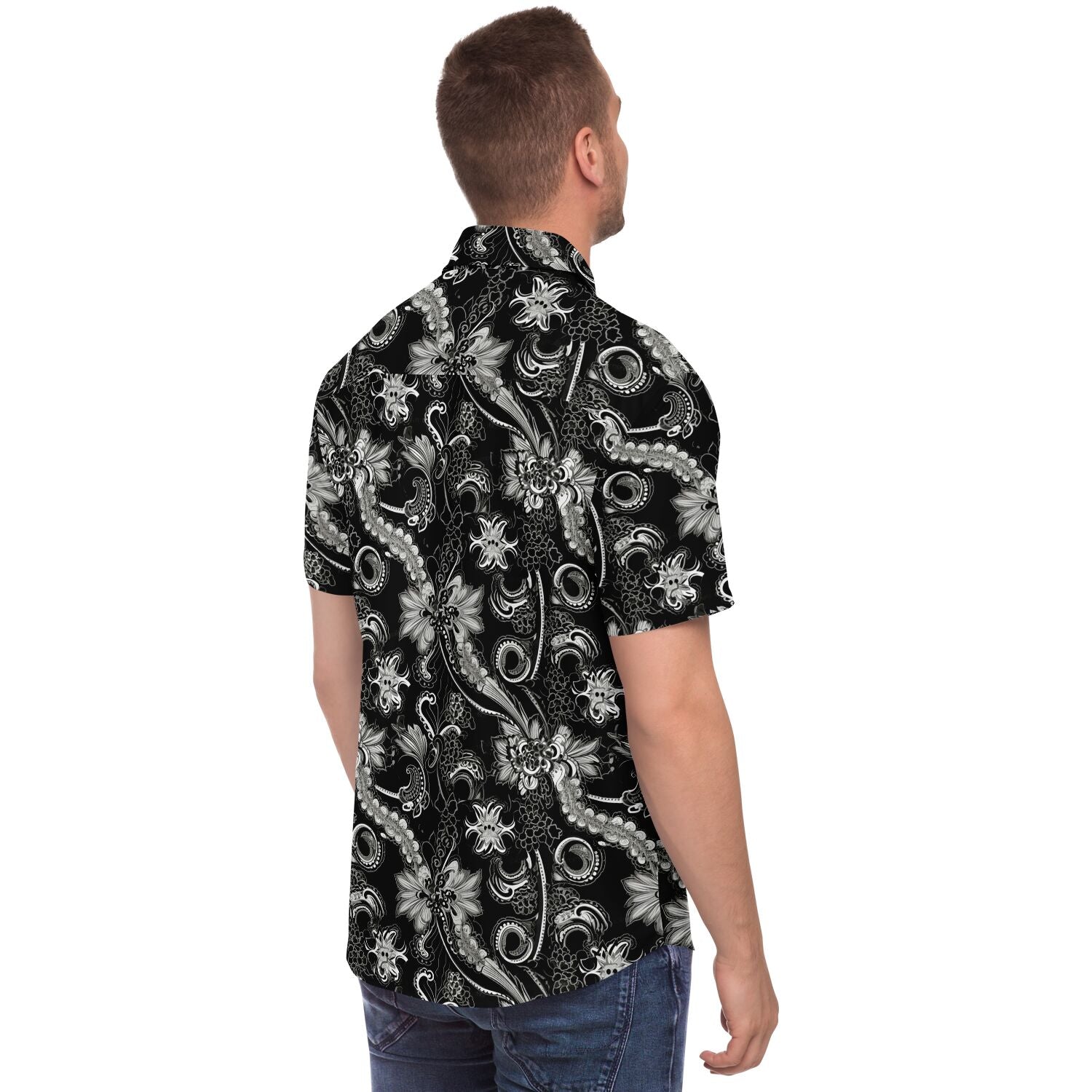 Black Paisley Men Button Down Shirt, Bandana Floral Short Sleeve Casual  Print Buttoned Up Collar Plus Size Casual Dress Shirt