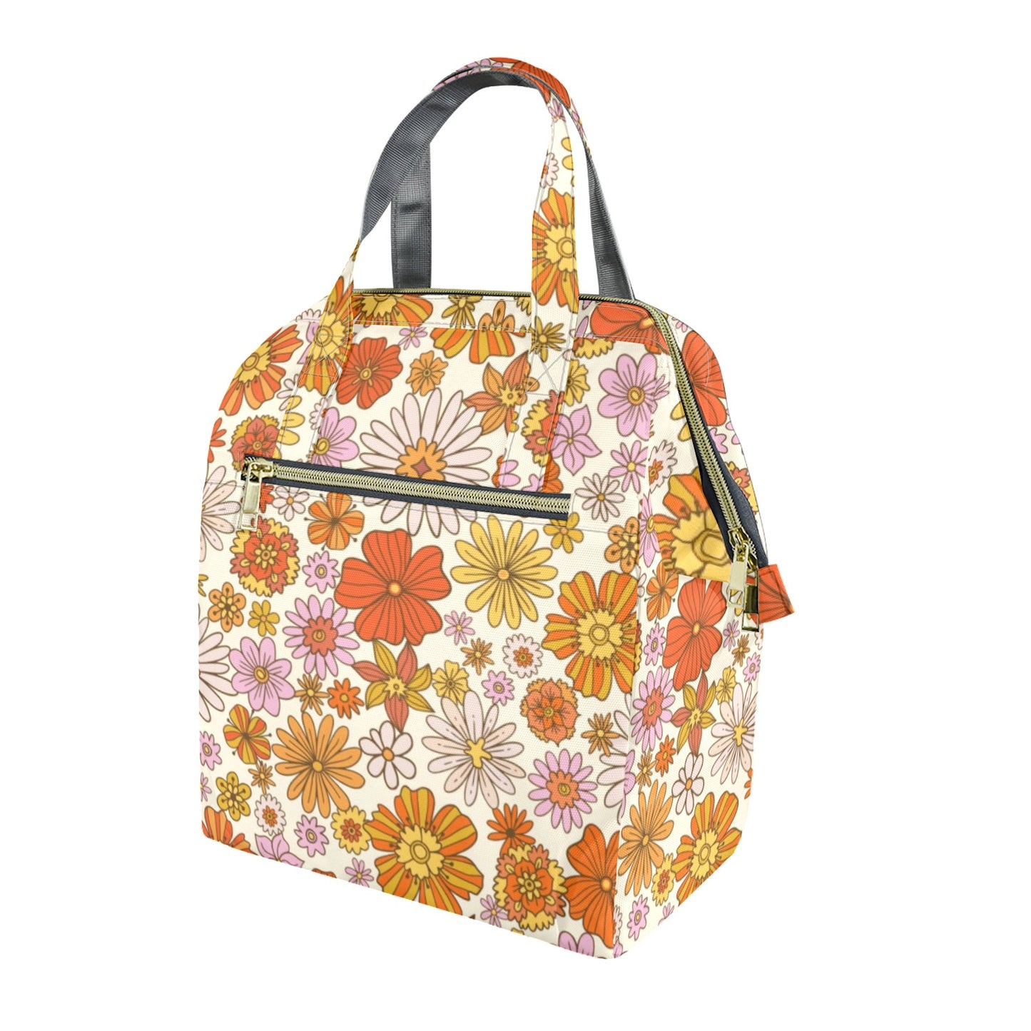 Retro Floral Insulated Lunch Box Bag Tote, Pink Orange Flowers Cute Food Container Adult Kids Women Teens Men Black School Work Handbag