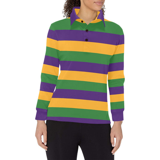 Mardi Grass Striped Women Long Sleeve Polo Shirt, Purple Green Gold Colored Designer Graphic Collared Crew Neck Ladies Female Tee Top Shirt