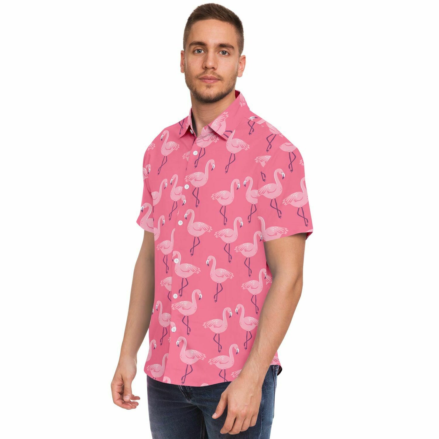 Pink Flamingo Men Button Up Shirt, Tropical Short Sleeve Print Casual Buttoned Down Summer Guys Collared Dress Shirt