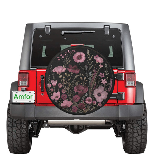 Pink Purple Flowers Spare Tire Cover, Faux Embroidery Printed Floral Wheel Auto Car Unique Design Backup Camera Hole Trailer Back Women RV