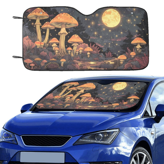 Mushrooms Moon Car Sunshade,  Night Sky Space Windshield Cottagecore Accessories Auto Protector Front Window Visor Screen Vehicle Reflector