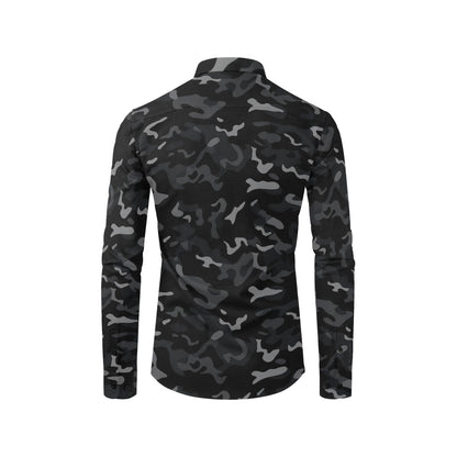 Black Camouflage Long Sleeve Men Button Up Shirt, Grey Camo Print Dress Buttoned Collared Casual Down Dress Male Guys Polyester Shirt