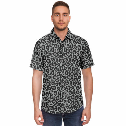 Grey Leopard Men Button Up Shirt, Animal Cheetah Print Short Sleeve Print Casual Buttoned Down Summer Male Guys Collared Designer Dress