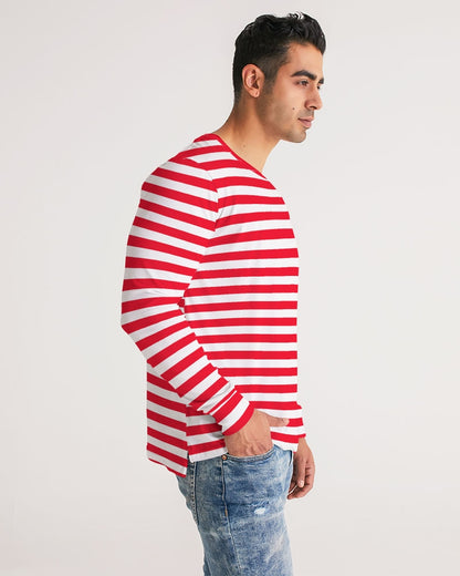 Red And White Striped Men Long Sleeve Tshirt, Thin Horizontal Stripes Unisex Women Designer Guys Graphic Printed Crew Neck Tee Shirt