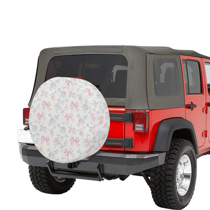 Pink Rose Bows Spare Tire Cover, Floral Flowers Ribbons Pastel White Wheel Accessories Unique Design Backup Camera Hole Trailer Back Women