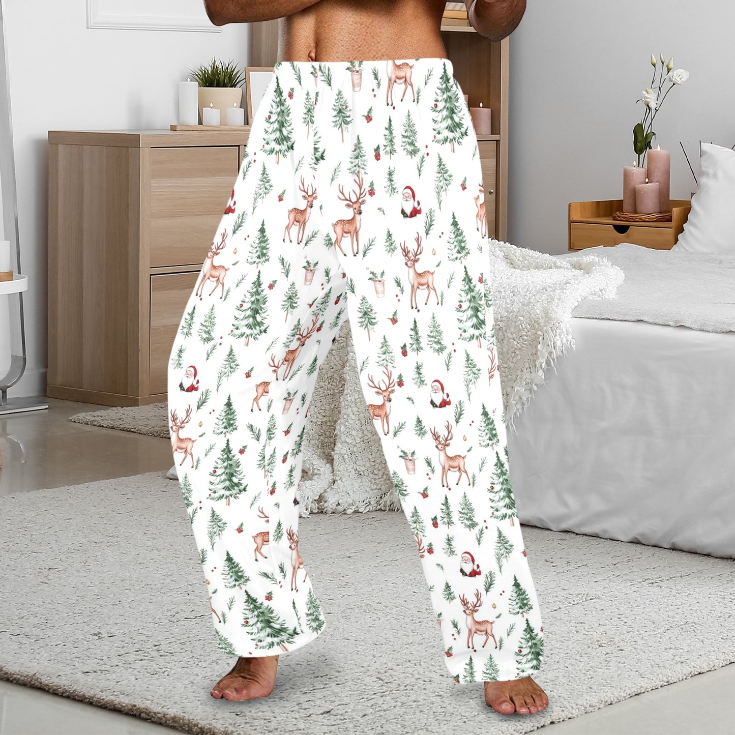 White Christmas Men Pajamas Pants, Santa Claus Trees Reindeer Xmas PJ Pockets Sleep Lounge Trousers Guys Male Matching Sleepwear Bottoms