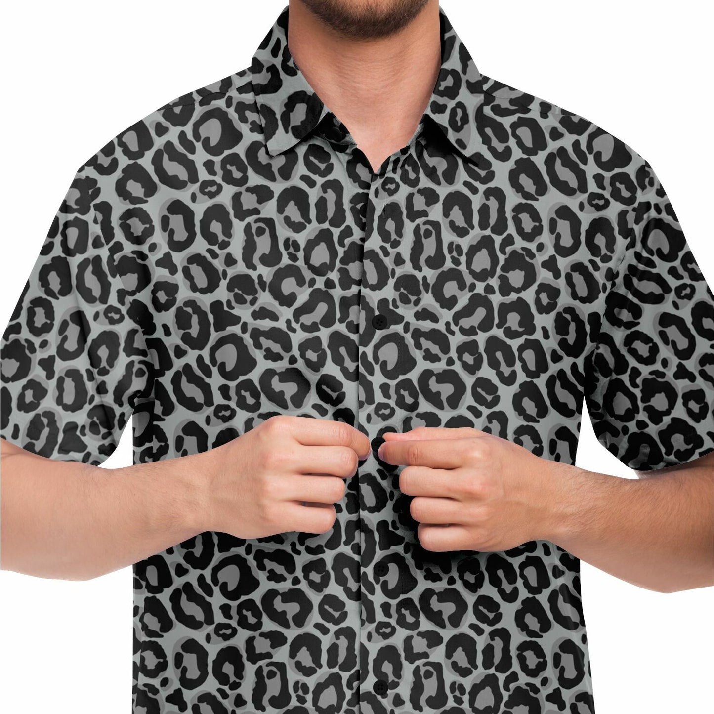 Grey Leopard Men Button Up Shirt, Animal Cheetah Print Short Sleeve Print Casual Buttoned Down Summer Male Guys Collared Designer Dress