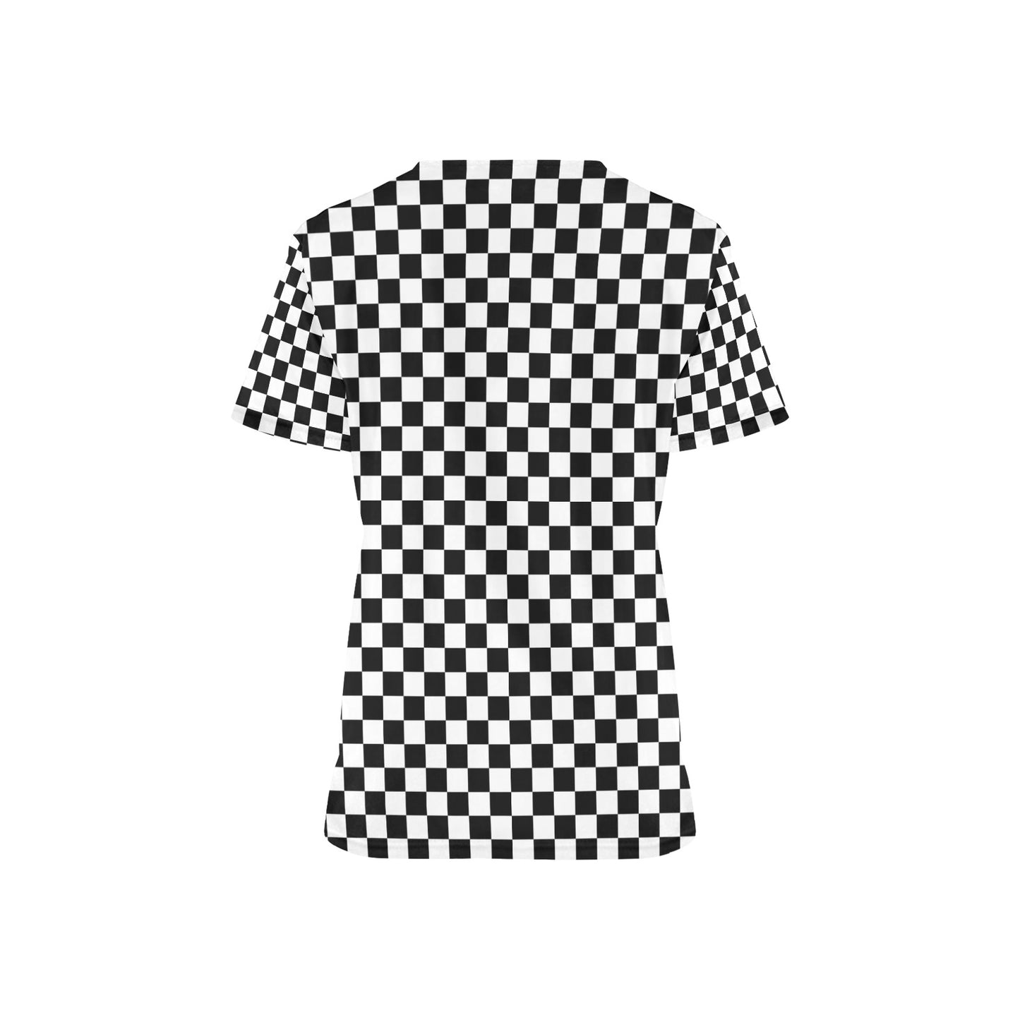 Checkered Medical Scrubs Top Women, Black White Check Ladies Female Plus Size Nursing Printed Nurse Vet Veterinary Assistant Uniform Pockets