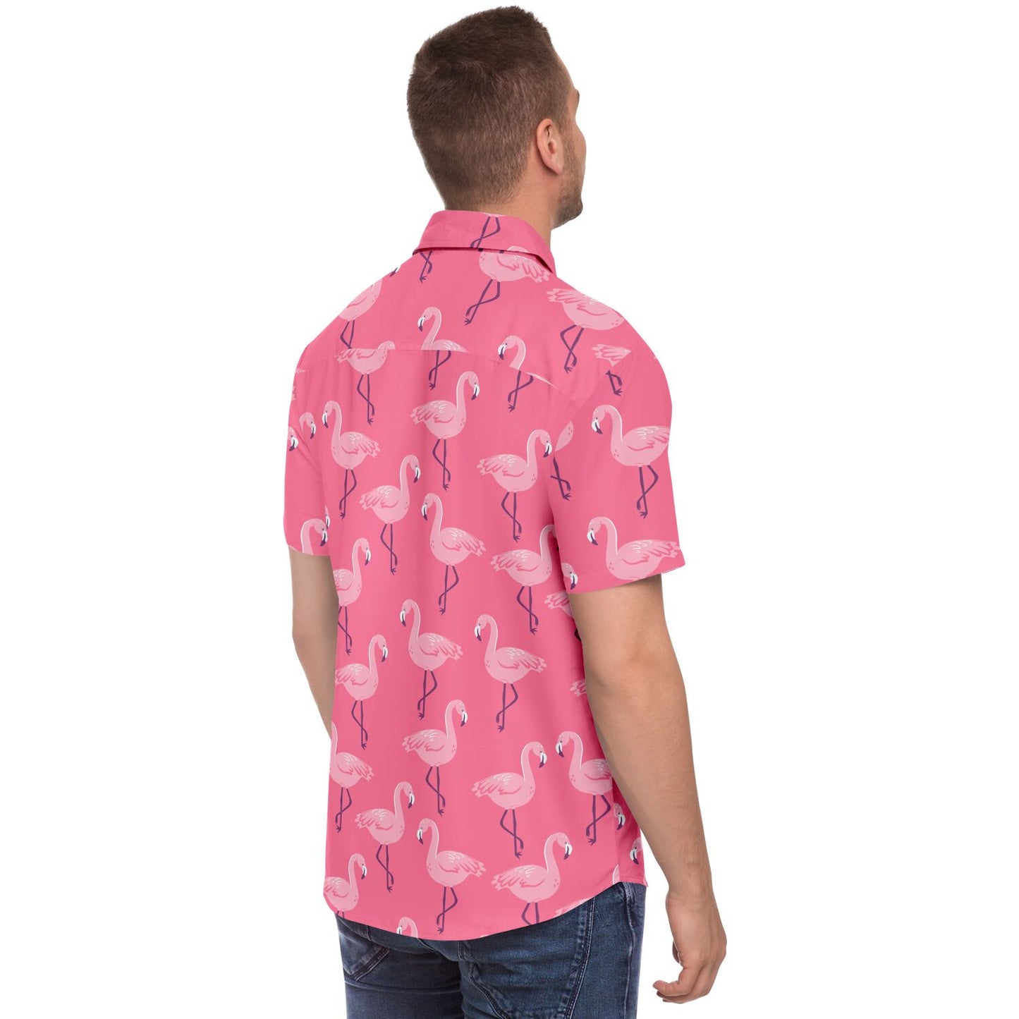 Pink Flamingo Men Button Up Shirt, Tropical Short Sleeve Print Casual Buttoned Down Summer Guys Collared Dress Shirt