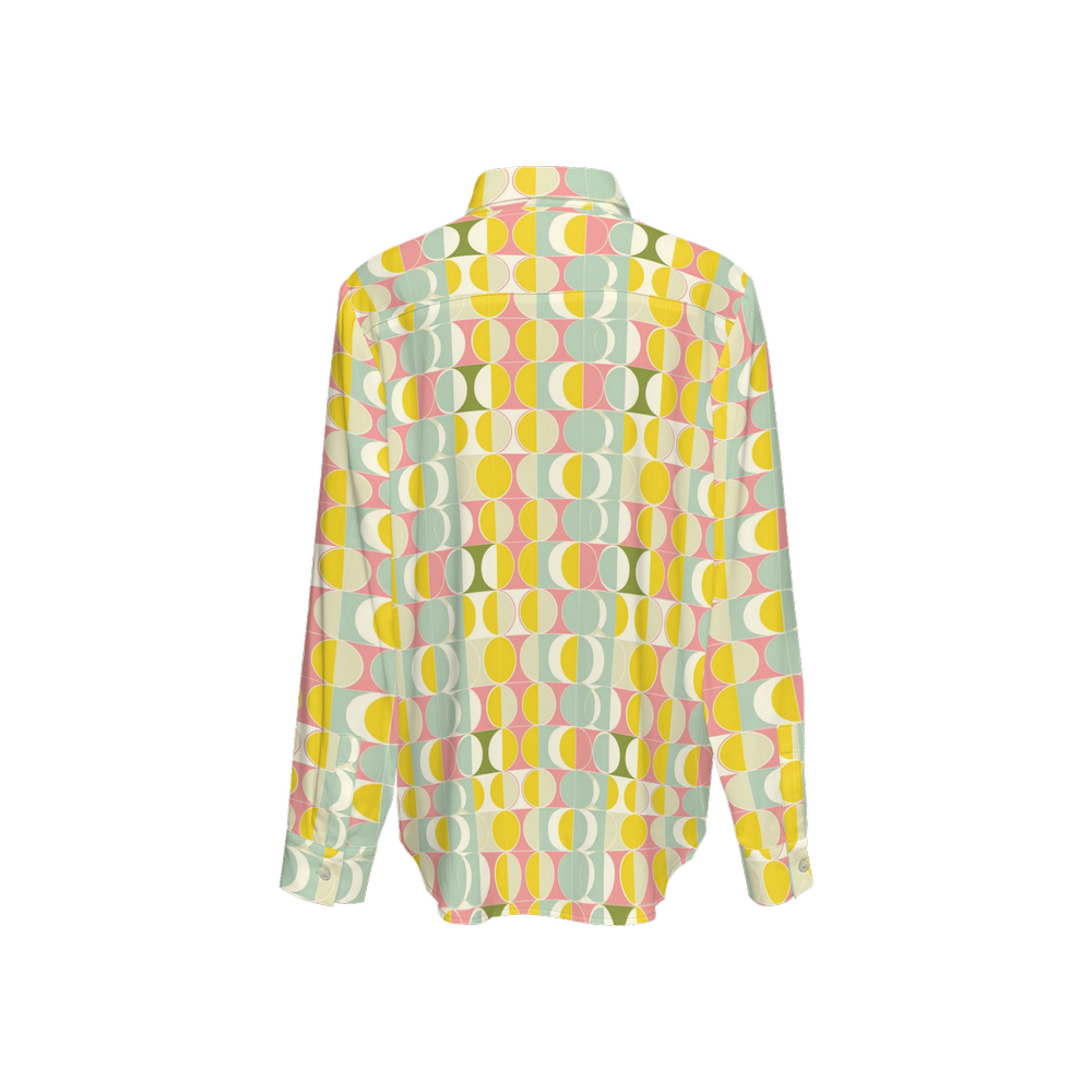 Mid Century Modern Long Sleeve Shirt Women, Retro 60s Vintage Yellow Button Up Ladies Blouse Print Buttoned Down Collared Casual Dress Top