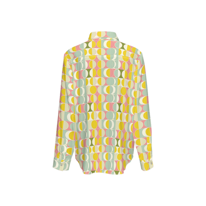 Mid Century Modern Long Sleeve Shirt Women, Retro 60s Vintage Yellow Button Up Ladies Blouse Print Buttoned Down Collared Casual Dress Top