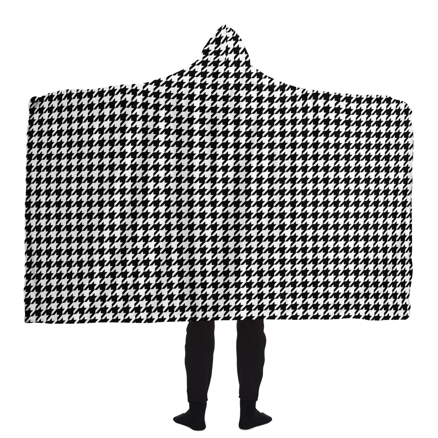 Houndstooth Hooded Blanket, Black White Sherpa Fleece Soft Fluffy Cozy Warm Adult Men Women Kids Large Wearable with Hood Gift