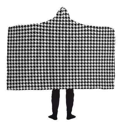 Houndstooth Hooded Blanket, Black White Sherpa Fleece Soft Fluffy Cozy Warm Adult Men Women Kids Large Wearable with Hood Gift