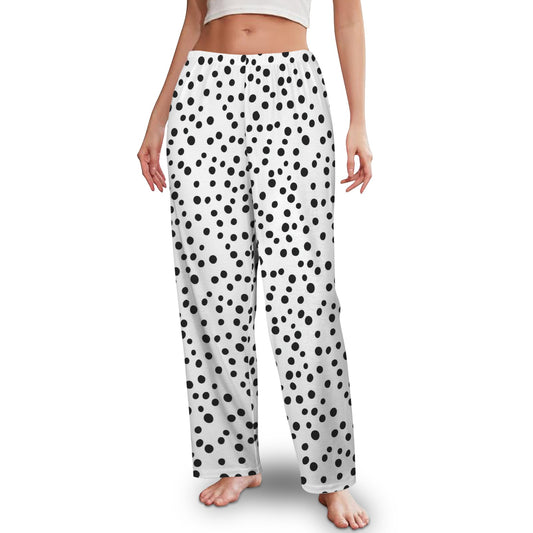 Dalmatian Dots Trees Women Pajamas Pants, Black White Dots PJ Pockets Lounge Trousers Couples Matching Ladies Female Wide Legs Bottoms