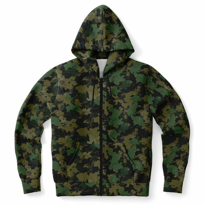 Green Camo Zip Up Hoodie, Realistic Camouflage Woodland Leaf Full Zipper Pocket Men Women Unisex Adult Cotton Fleece Hooded Sweatshirt