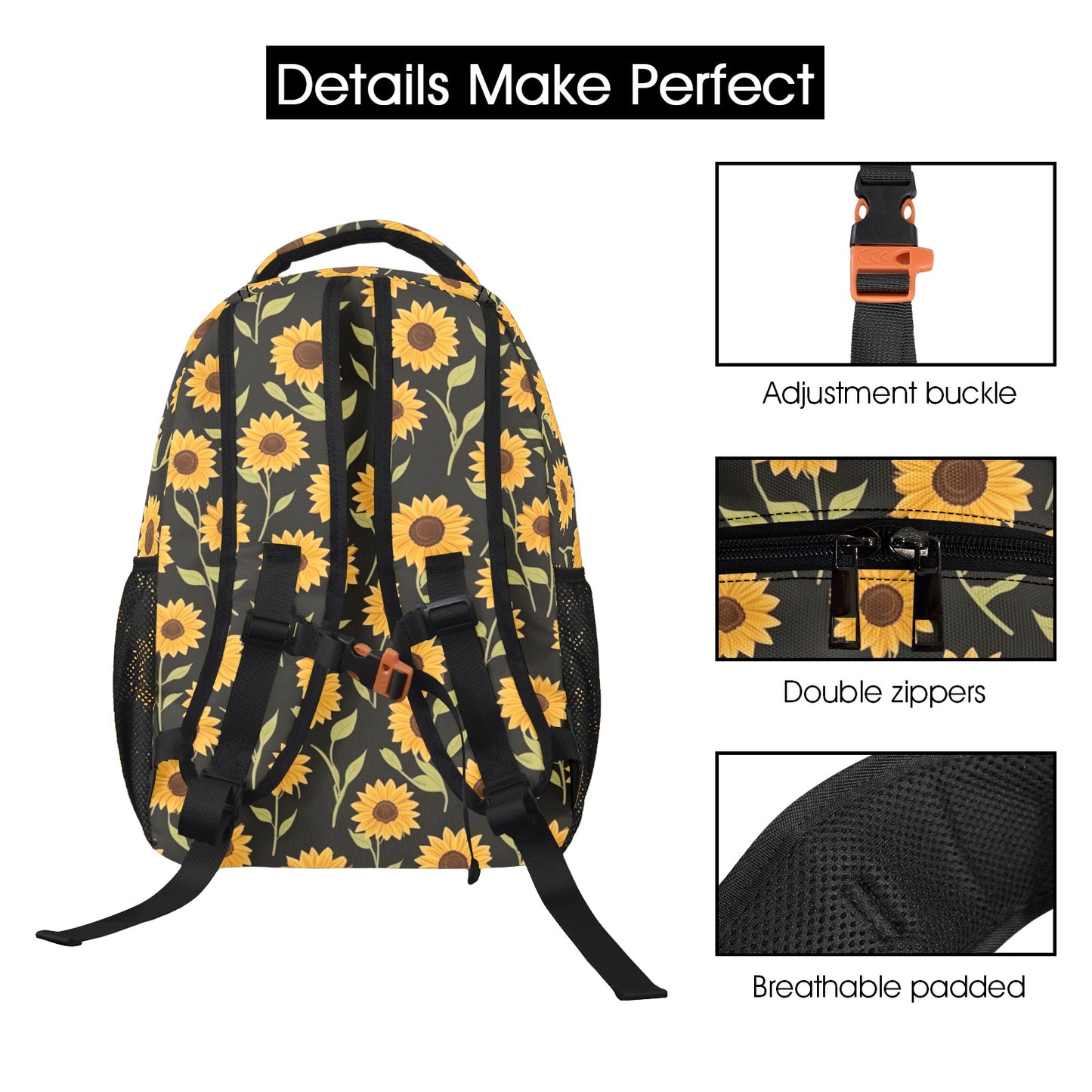 Sunflower Backpack, Yellow Black Floral Flowers Men Women Kids Gift School College Waterproof Side Pockets Laptop Designer Aesthetic Bag