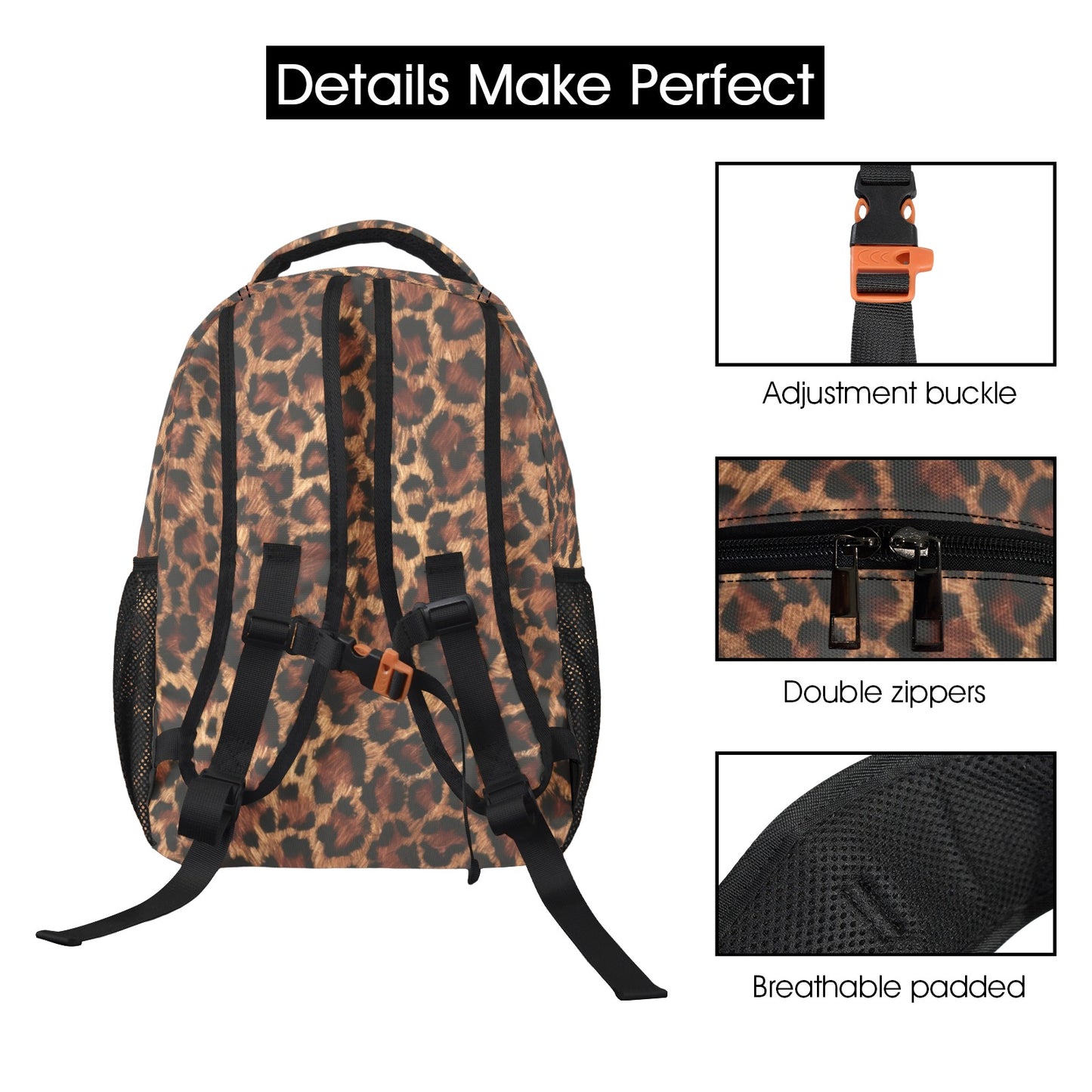 Leopard Backpack, Animal Print Cheetah Brown Men Women Kids Gift School College Cool Waterproof Side Pockets Laptop Designer Aesthetic Bag