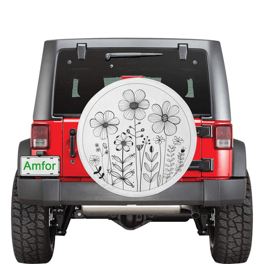 Wild Flowers Spare Tire Cover, Floral Drawing White Rear Extra Back Wheel RV Unique Design Backup Camera Hole Trailer Women Camper Motorhome