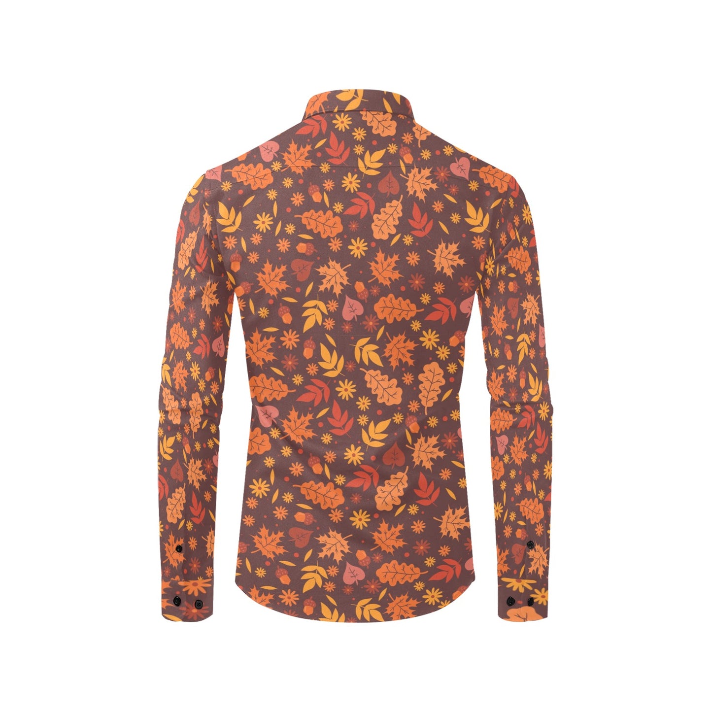 Fall Leaf Men Button Up Shirt, Brown Autumn Long Sleeve Print Buttoned Down Collar Male Guys Casual Dress Shirt Chest Pocket Collared