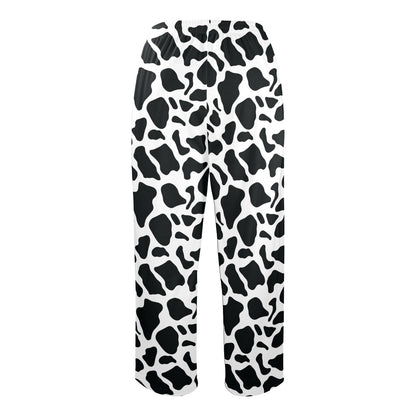 Cow Print Men Pajamas Pants, Black White Animal Satin PJ Pockets Sleep Trousers Sleepwear Guys Male Adult Long Lounge Trousers Bottoms