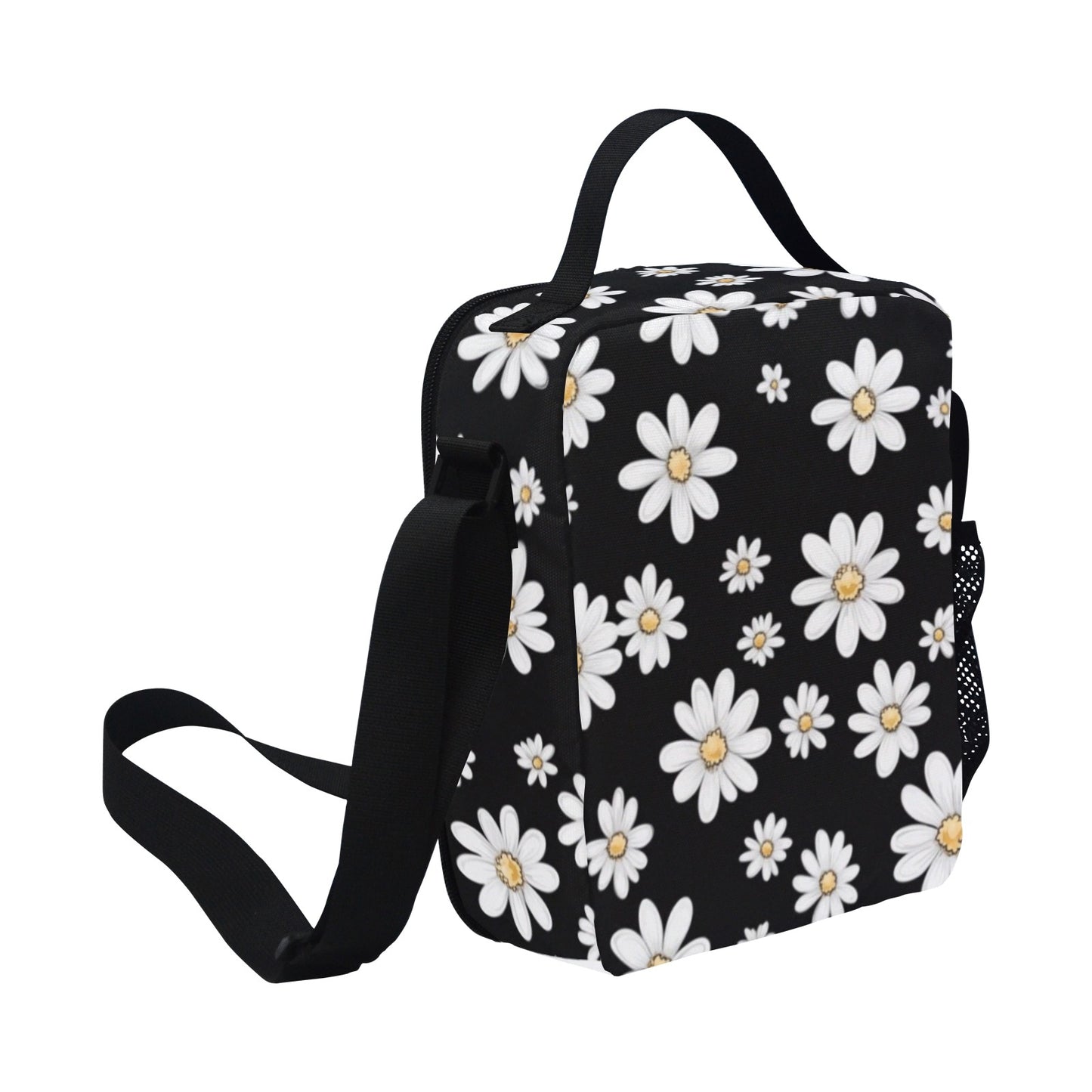 Daisy Insulated Kids Lunch Tote Box Bag, Floral Flowers White Black Cute Food Container Children Teens Black School Work Handbag Boys Girls