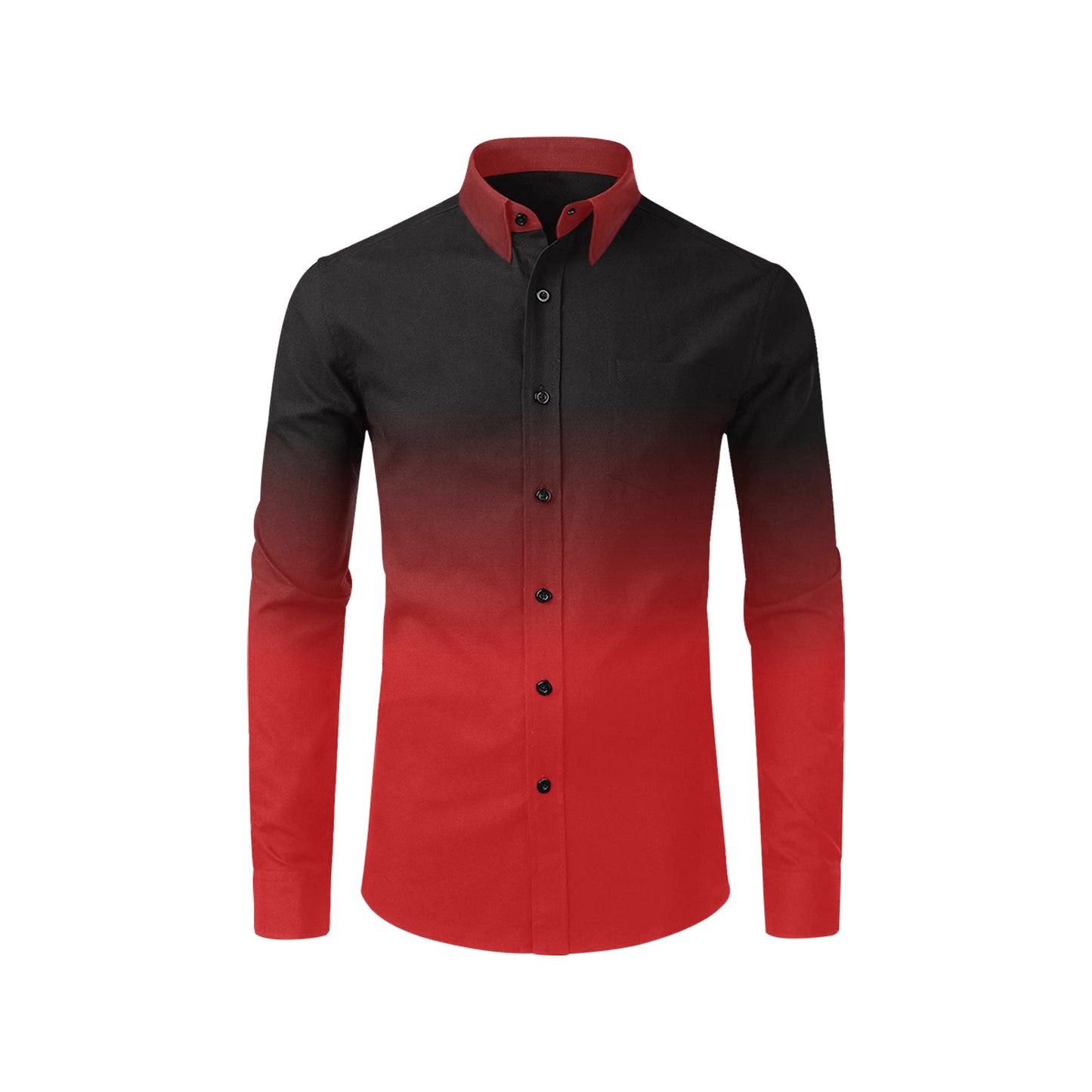 Black Red Ombre Long Sleeve Men Button Up Shirt, Gradient Tie Dye Two Tone Print Buttoned Collar Casual Dress Shirt Chest Pocket Plus Size