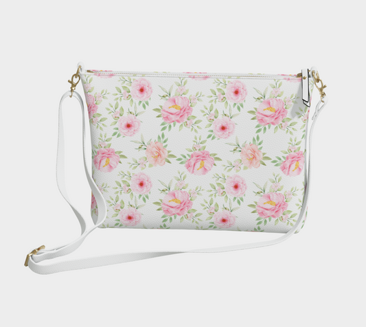 Pink Flowers Vegan Leather Crossbody Purse Women, Floral Roses White Small Handbag Shoulder Bag Ladies Zip Strap Designer Cross Body