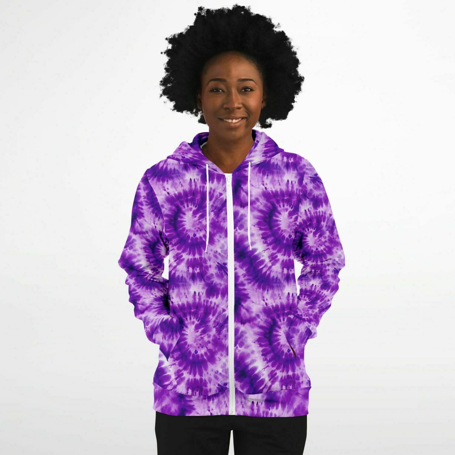 Purple Tie Dye Zip Up Hoodie, Front Zipper Pocket Men Women Unisex Adult Aesthetic Graphic Cotton Fleece Hooded Sweatshirt Starcove Fashion