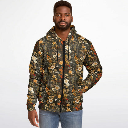 Floral Zip Up Fleece Lined Hoodie, Flowers Brown Heavyweight Full Zipper Pocket Men Women Ladies Unisex Aesthetic Hooded Sweatshirt Jacket