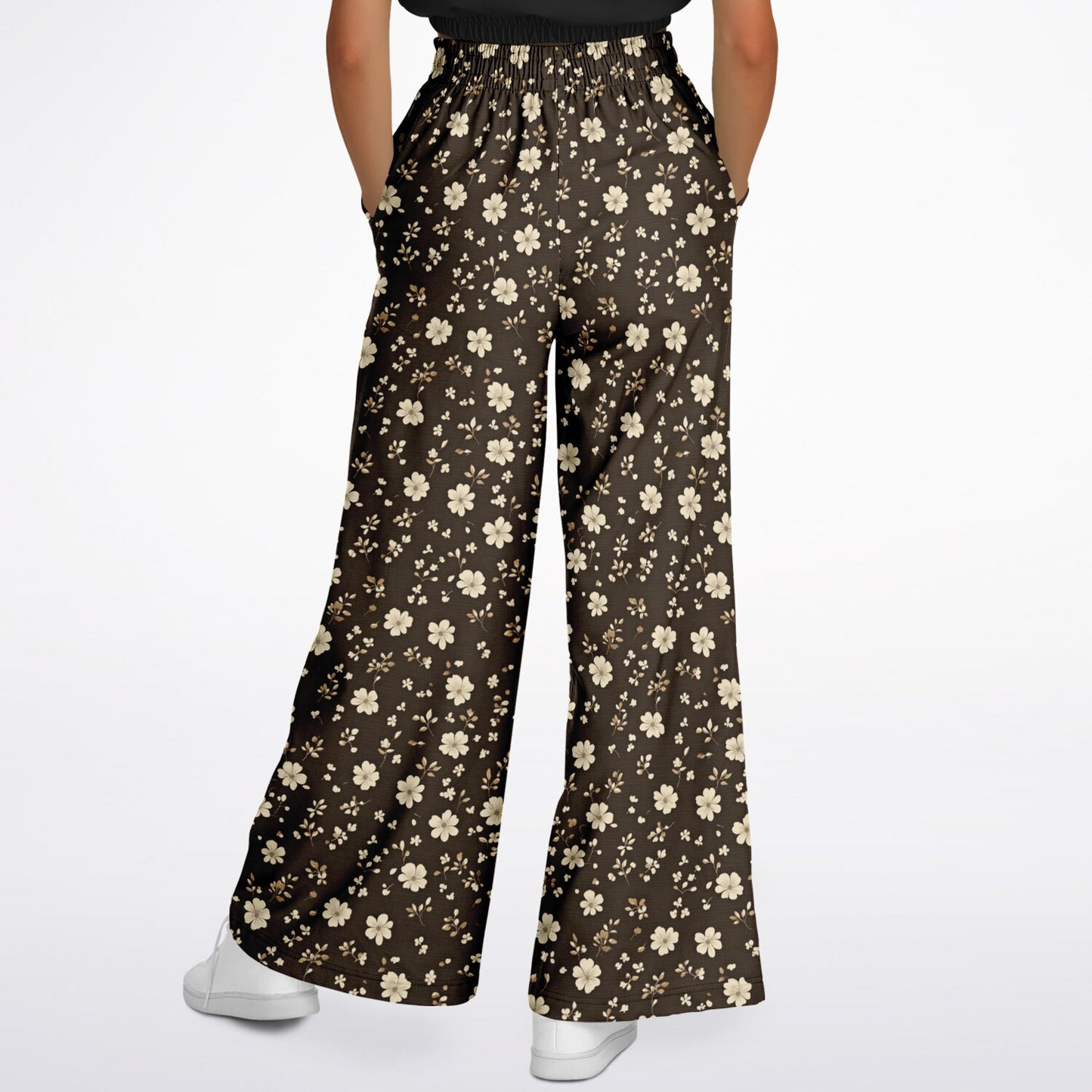 Brown Floral Wide Leg Jogging Pants, Flowers Ditsy Flare Sweatpants Pockets Women Flared Sweats Cotton Fleece Ladies Joggers Loungewear