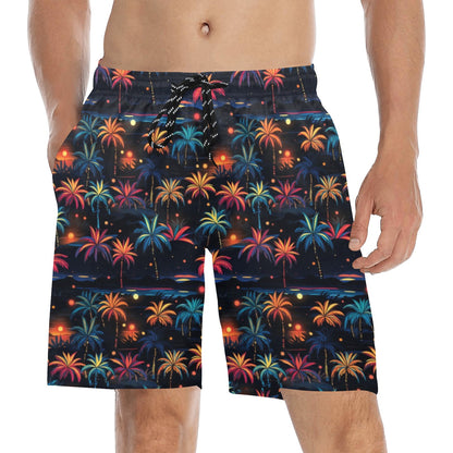 Festive Men Swim Trunks, Firework Christmas 7" Inseam Shorts Beach Pockets Mesh Lining Drawstring Casual Bathing Suit Plus Size Swimwear