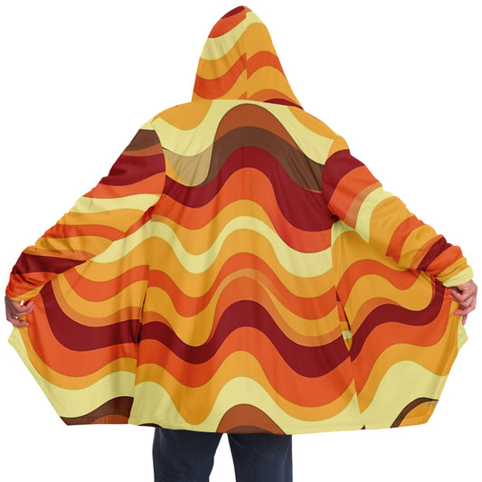 Groovy Stripe Hooded Cloak, Orange Brown 70s Vintage Retro Coat Men Women Male Ladies Warm Fleece Hooded Blanket Festival Robe Wearable Cape