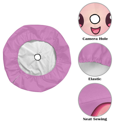 Happy Flower Spare Tire Cover, Pink Smiling Face Kawaii Floral Wheel Accessories Custom Unique Design Backup Camera Hole Trailer Back Women