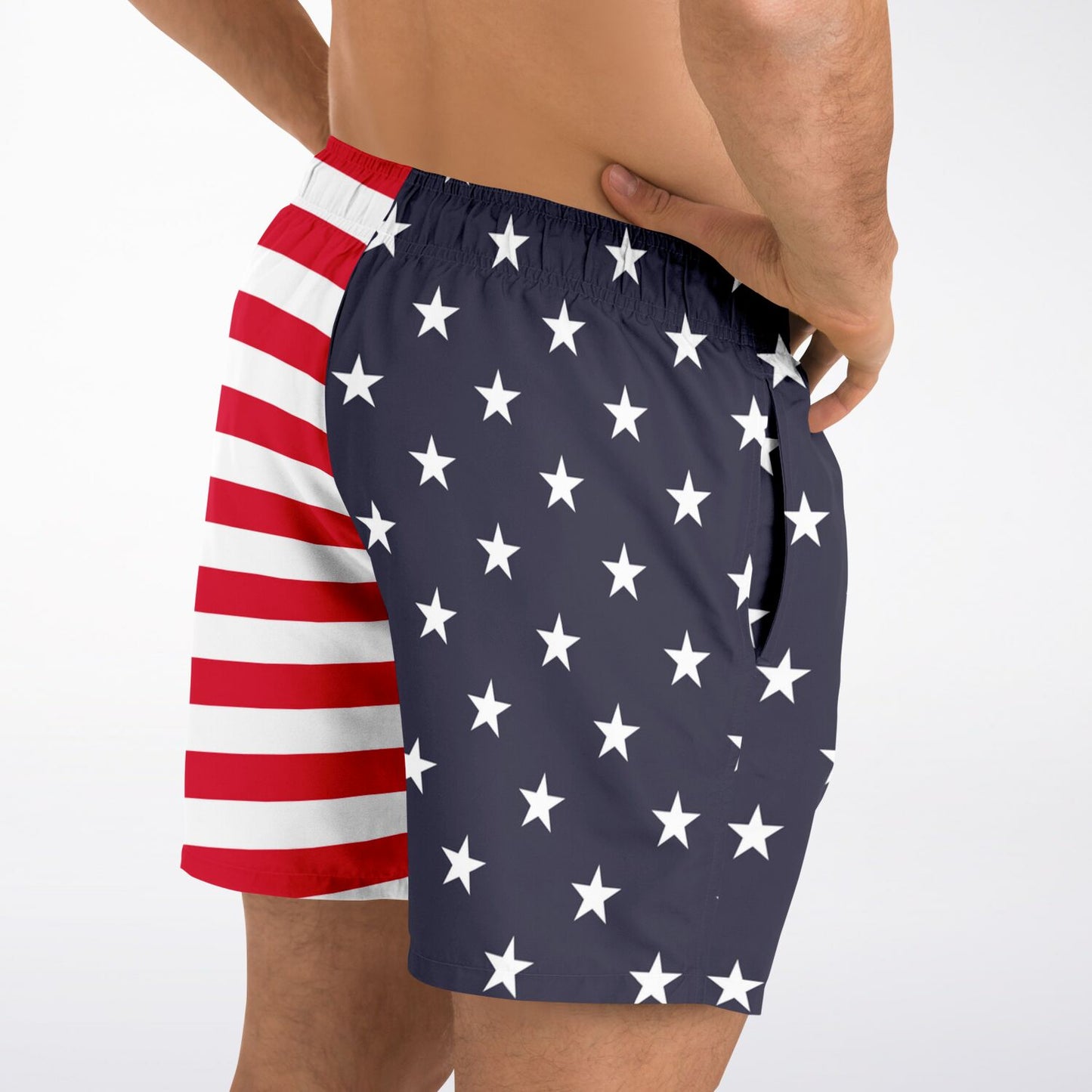 American Flag Men Swim Trunks, USA Patriotic Stars Stripes Red White Blue 4th of July Bathing Shorts Beach Surf Swimwear Male Pockets Lining