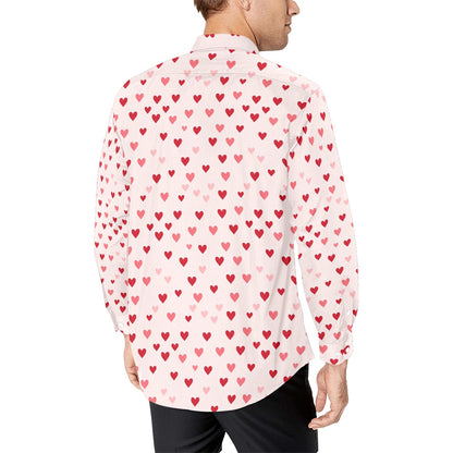 Pink Hearts Long Sleeve Men Button Up Shirt, Valentine's Day Fun Print Dress Male Buttoned Collar Casual Dress Shirt with Chest Pocket