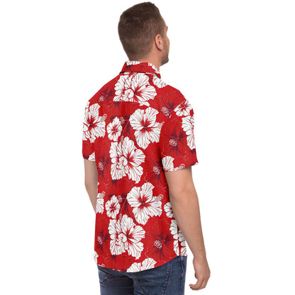 Red and White Floral Men Button Up Shirt, Hibiscus Flowers Short Sleeve Print Casual Buttoned Down Summer Guys Collared Designer Dress Shirt