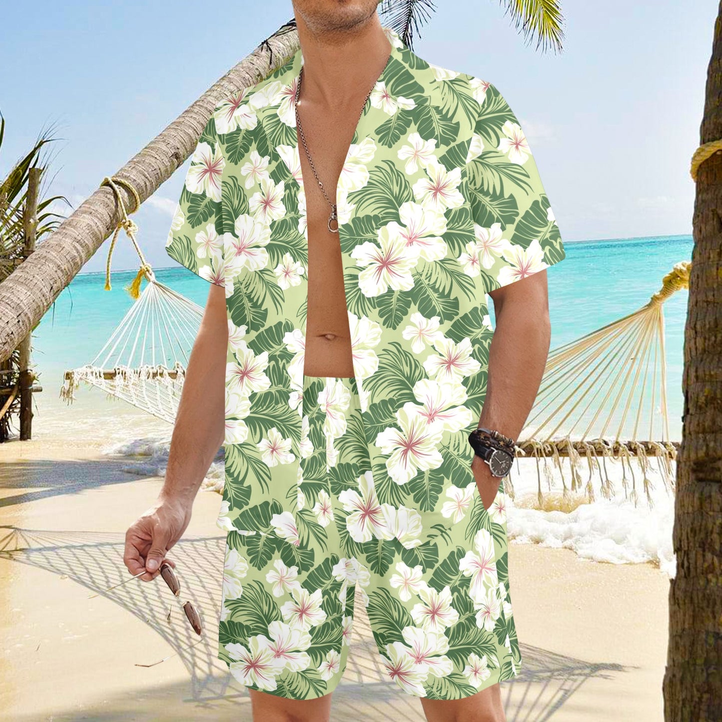 Tropical Shirt Shorts Outfit Set Men, Green White Floral Hibiscus Flower Hawaiian Beach Male Guys Summer Short Sleeve Button Up Down Luau