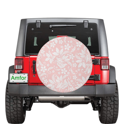 Pink White Flowers Spare Tire Cover, Floral Rear Extra Wheel Accessories Unique Design With Backup Camera Hole Trailer Back Women RV Camper