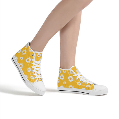 Yellow Floral High Top Shoes Sneakers, White Daisy Flowers Men Women Lace Up Casual Footwear Rave Canvas Streetwear Designer Ladies Guys